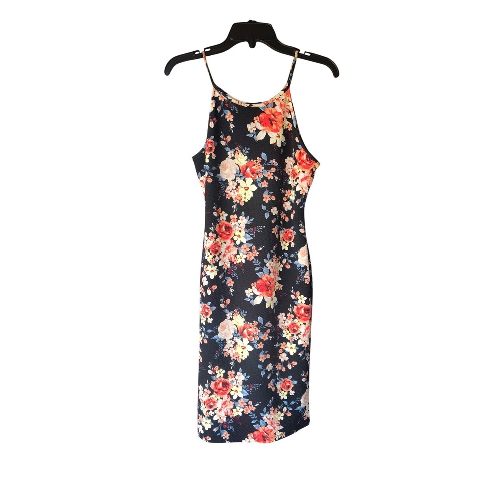 Iris Women Black Floral Bodycon Midi Dress High Neck Spaghetti Strap Size Medium